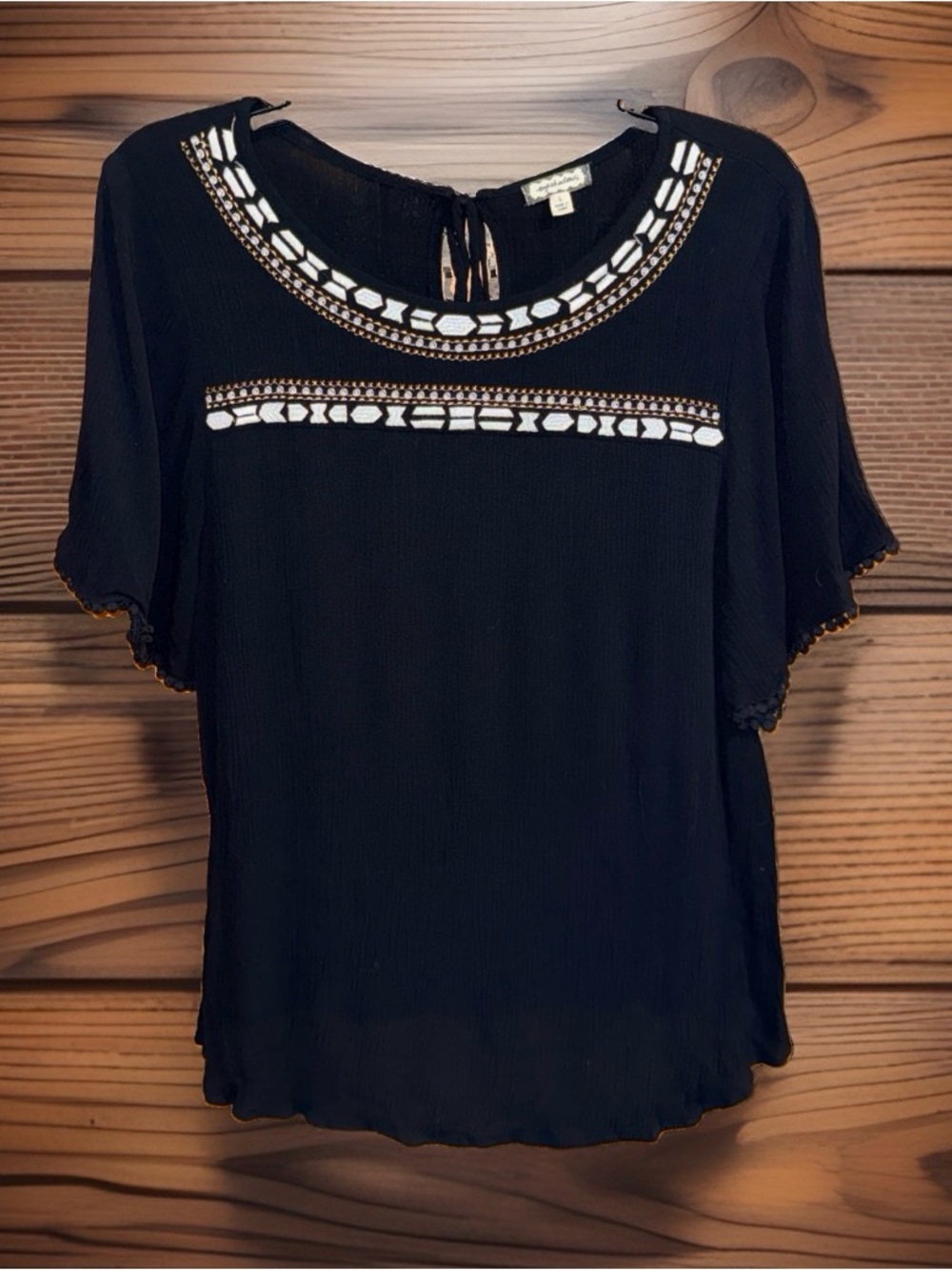 Eyeshadow Women’s Black Blouse with White and Gold Embroidery-L-EC